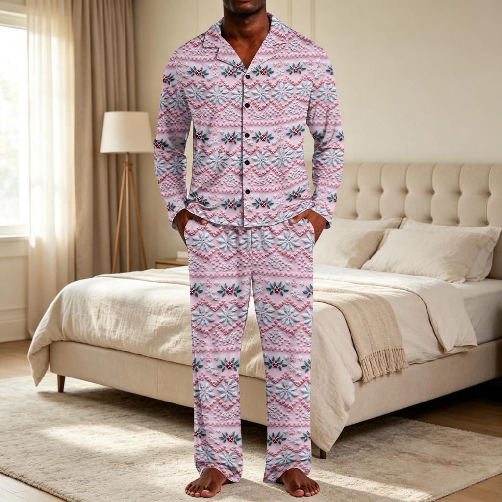 Men's Loose Fit Christmas Print Pajama Set with Button Down Top and Straight Leg Pants - Two Piece Holiday Sleepwear