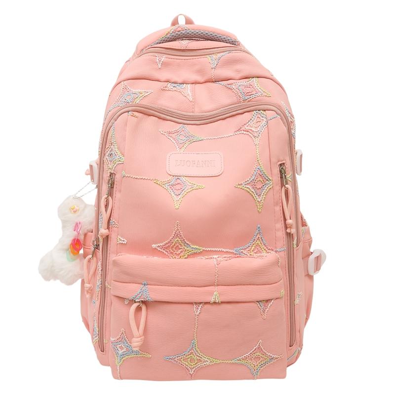 

Color Embroidered Junior High School Student Schoolbag Women s Large Capacity Commuter Backpack рожевий