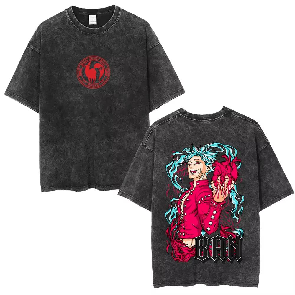 Sommer-Heißverkauf Gewaschenes Vintage Anime Die Sieben Todsünden T-Shirt Unisex Mode-T-Shirt Y2k Gothic Baumwolle Übergroßes T-Shirt