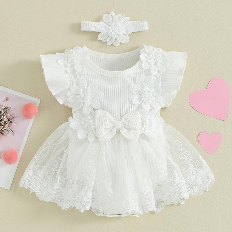 Newborn Baby Girl Romper Dress 2 Pcs Outfits Mesh Lace Patchwork Ruffle Bodysuit and Headband Cute Summer Clothes