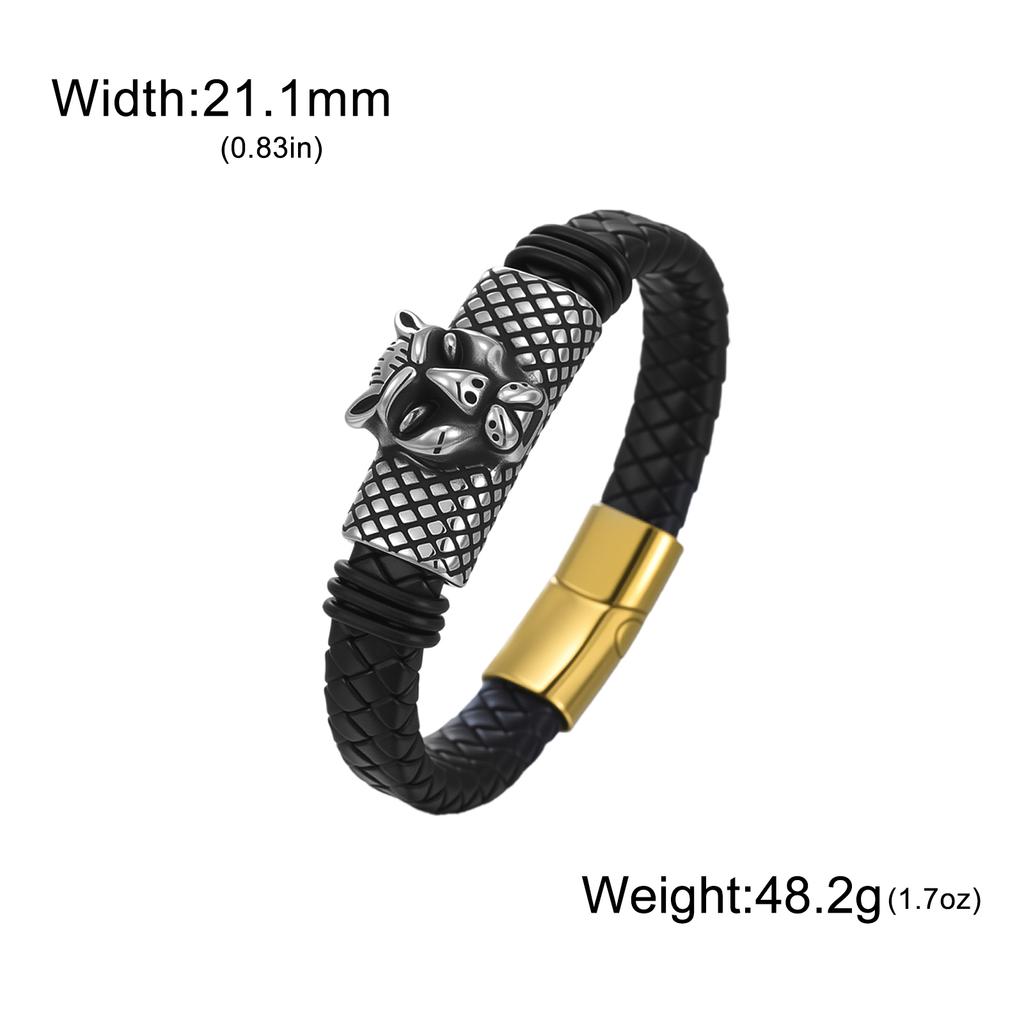 Dreamtimes Retro Stainless Steel Lion Head Steel Woven Leather Rope Bracelet for Women Men Hip-Hop Trendy Jewelry