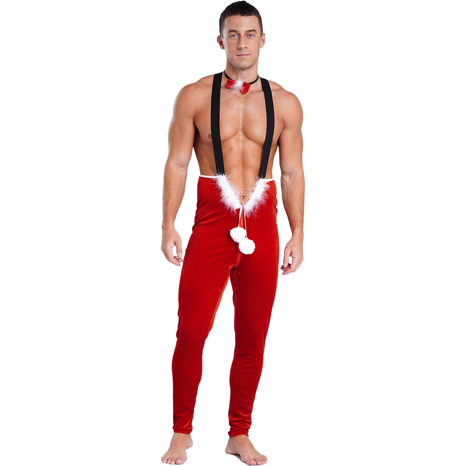 

Men‘s Costume Jumpsuit Plush with Zipper and Bow Tie for Christmas Cosplay 4XL червоний
