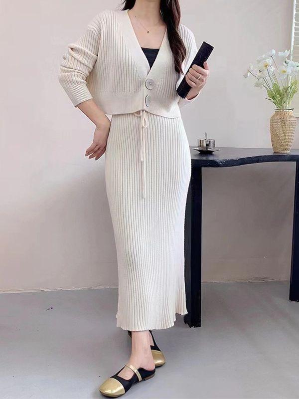 2026 Autumn/Winter European & American V-Neck Knit Cardigan with Two-Button Closure and Long Bodycon Skirt Two-Piece Set