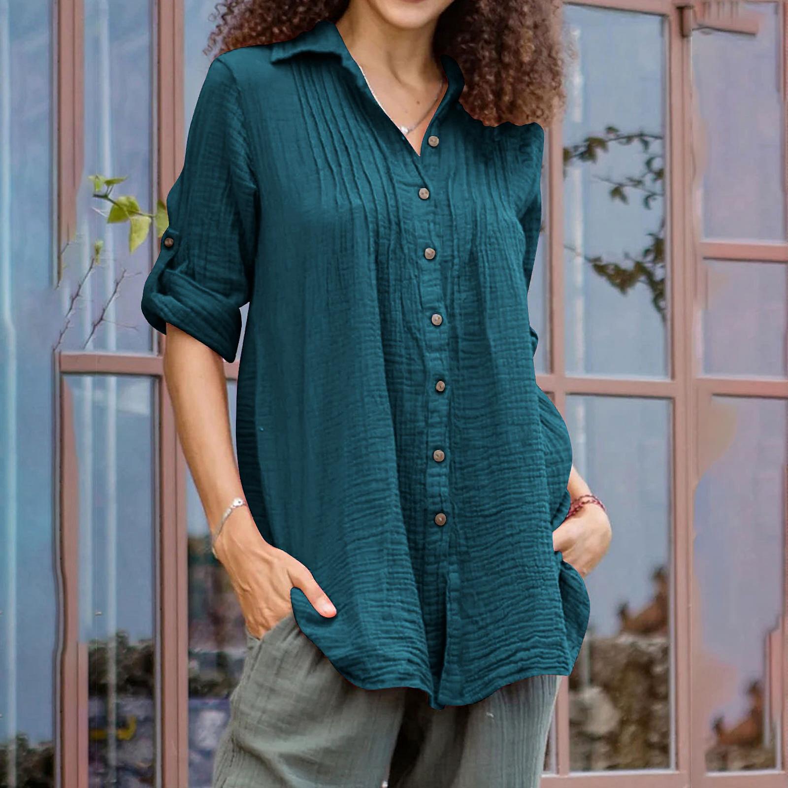 

Женская модная и повседневная однотонная рубашка с длинным рукавом из хлопка и льна XL зелёный