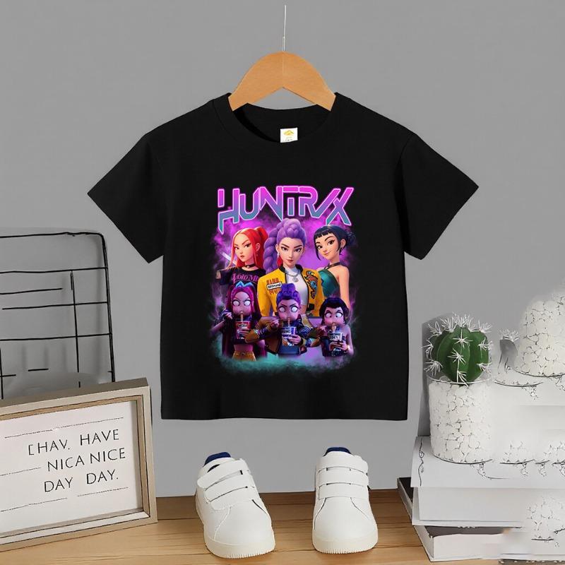 Summer Kpop Popular Cartoon Print Children's Design Casual Harajuku Style Round Neck Short Sleeved Top Fans Gifts Kids Clothes