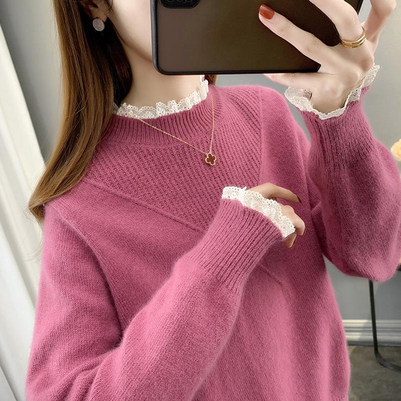 Women's Sweater Knitted Bottoming Shirt Spring Spring Autumn Versatile Semi-turtleneck New Lace Edge High Sense
