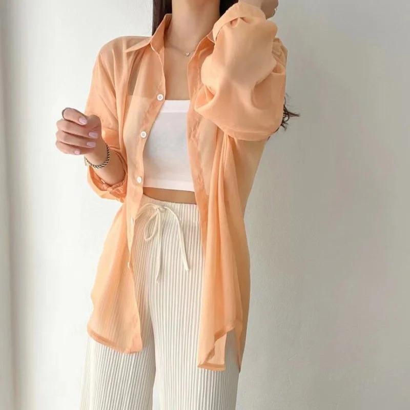 Colors Shirts Women Sheer Thin Chic Summer Simple Solid Sun-proof Temper Fashion Baggy All-match Basic Korean Style Clothes