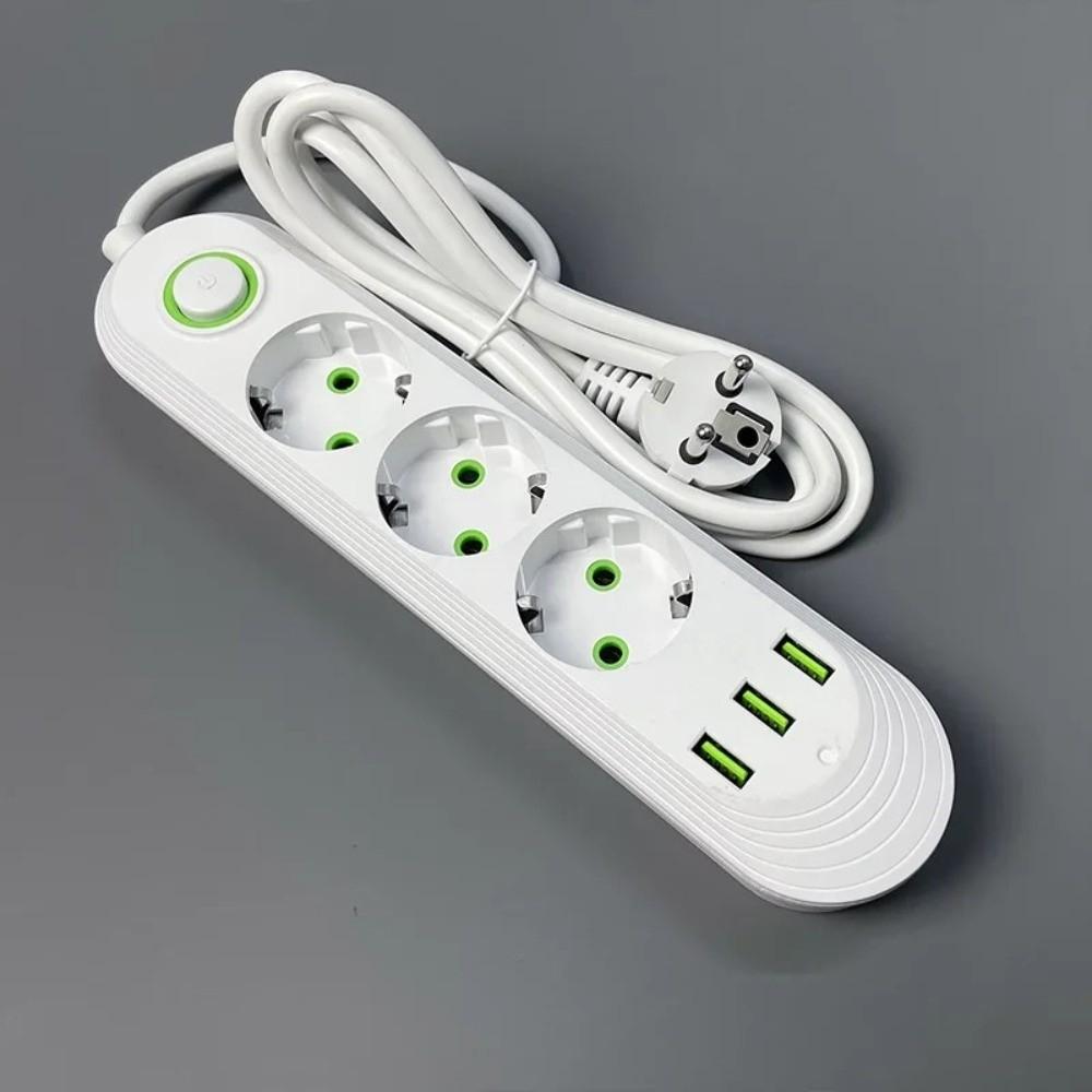 2m Extension Cord EU Plug Socket 3 USB Ports AC Outlet Multiprise Power Strip Office Power Supply