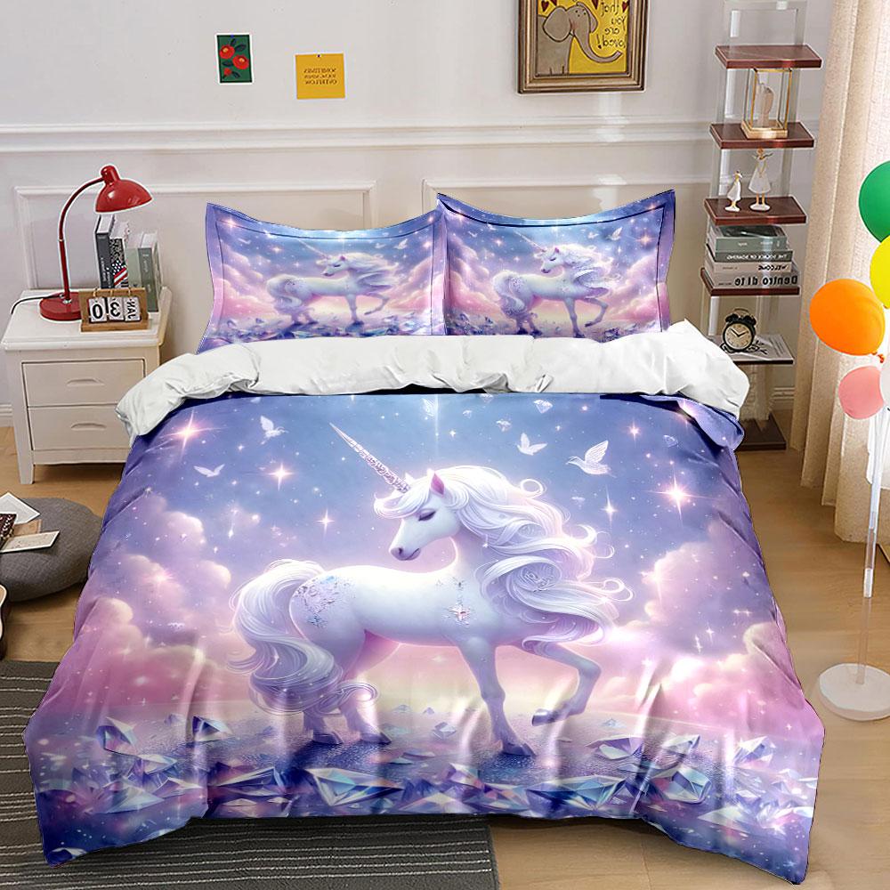 Enchanted Unicorn With Sparkling Crystals Duvet Cover Set With 3D Printing Design Soft Polyester Bedding Set All-Season Comfort