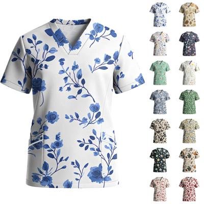 Women’s Stretch Quick Dry V Neck Short Sleeve Floral Print Scrub Top with Pockets for Healthcare and Work Uniforms