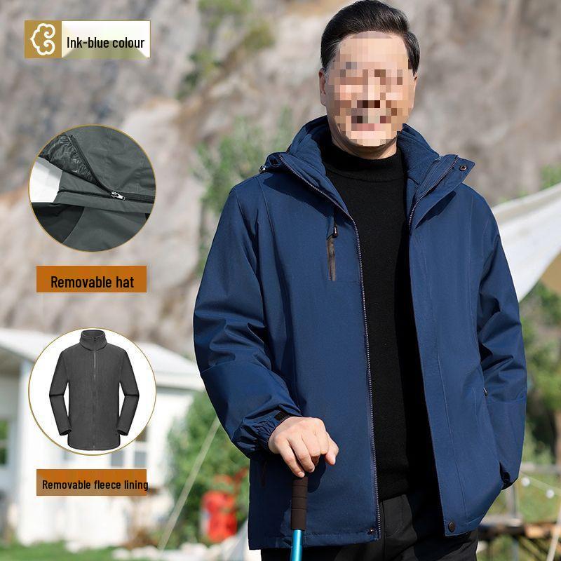 Men’s Three-In-One Windbreaker: Plus Velvet Detachable Jacket for Middle-Aged and Elderly – Perfect for Spring and Autumn.