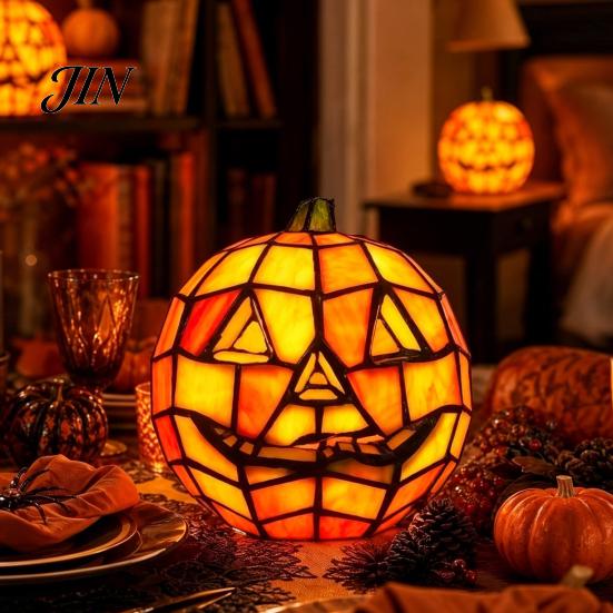 Weatherproof Halloween Lamp Stained Glass Pumpkin Lamp, Bedside Table Orange Outdoor Party Decoration Accent Night Light for Indoor, Home, Holiday