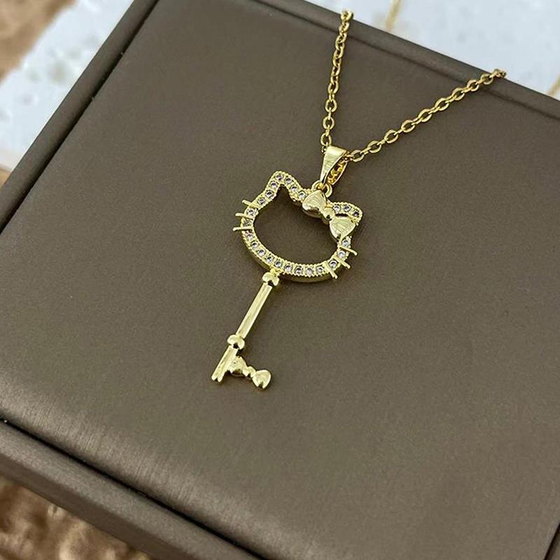 

Милое ожерелье в форме ключа Hello Kitty, цепочка для ключицы, подвески Kt Cat, ювелирные изделия с бриллиантами, аксессуары для девочек, подарки на день рождения