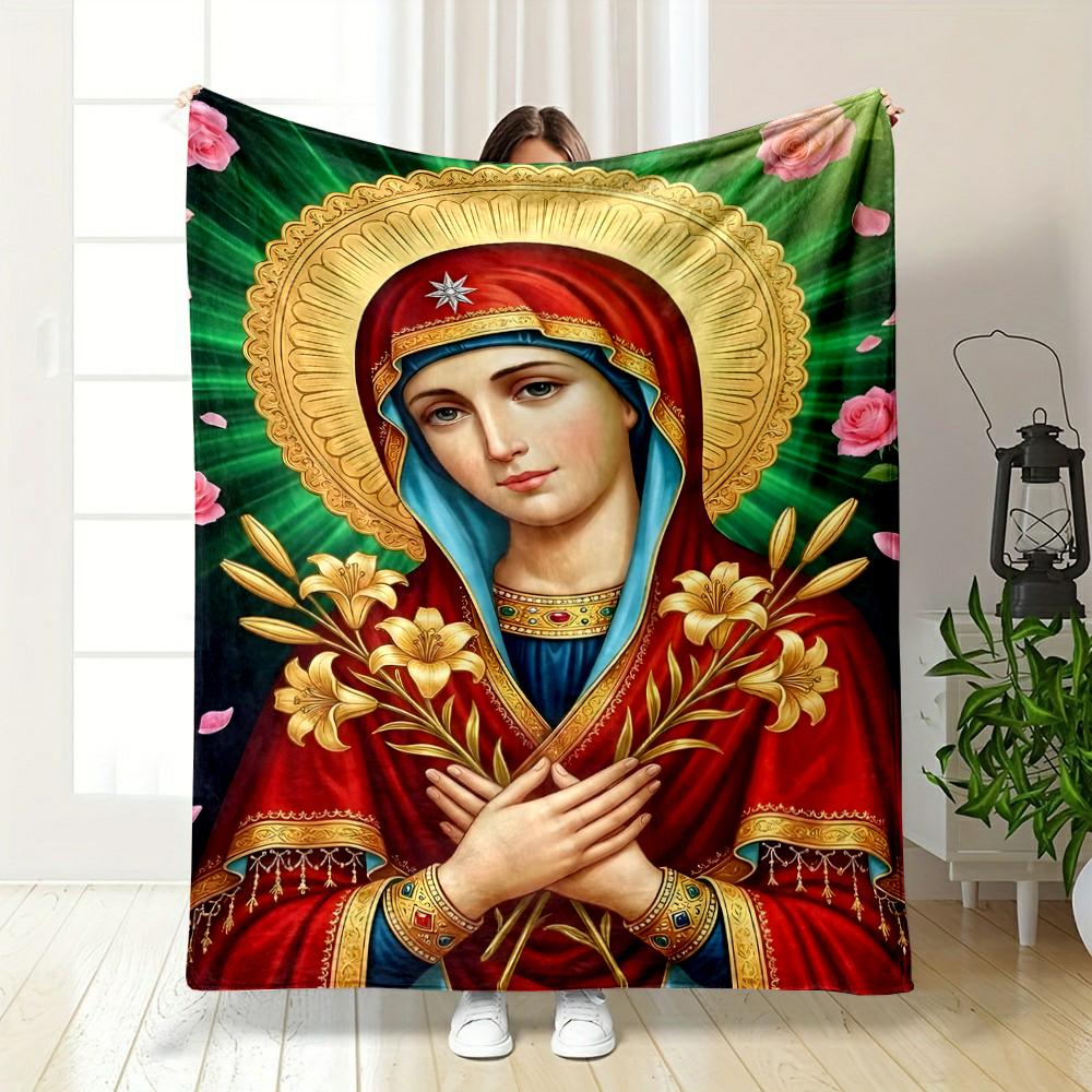 Religious Icon with Flowers and HaloFlannel Blanket for Bedroom, Living Room, Sofa, and Nap
