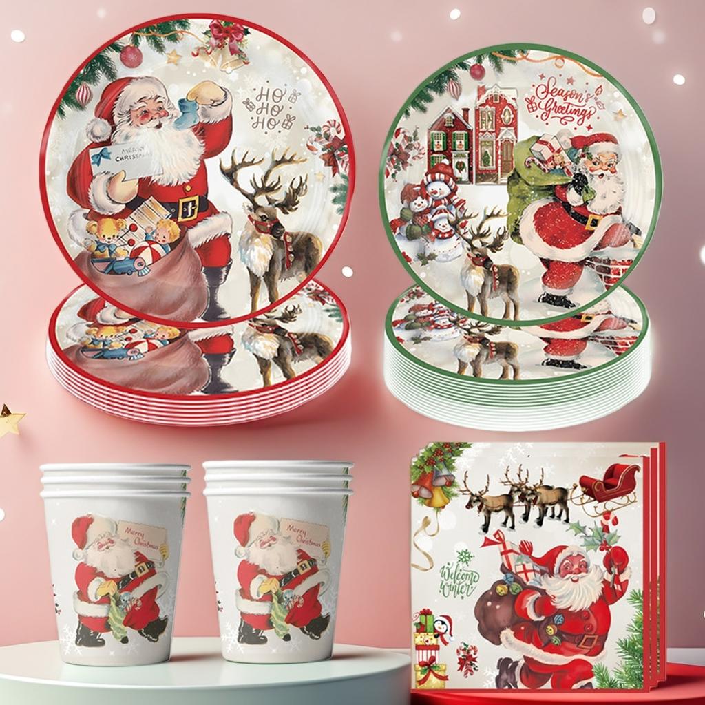 Christmas Santa Claus Theme Disposable Tableware Sets Merry Christmas Decorations Paper Napkins Cups Plates Xmas Party Supplies