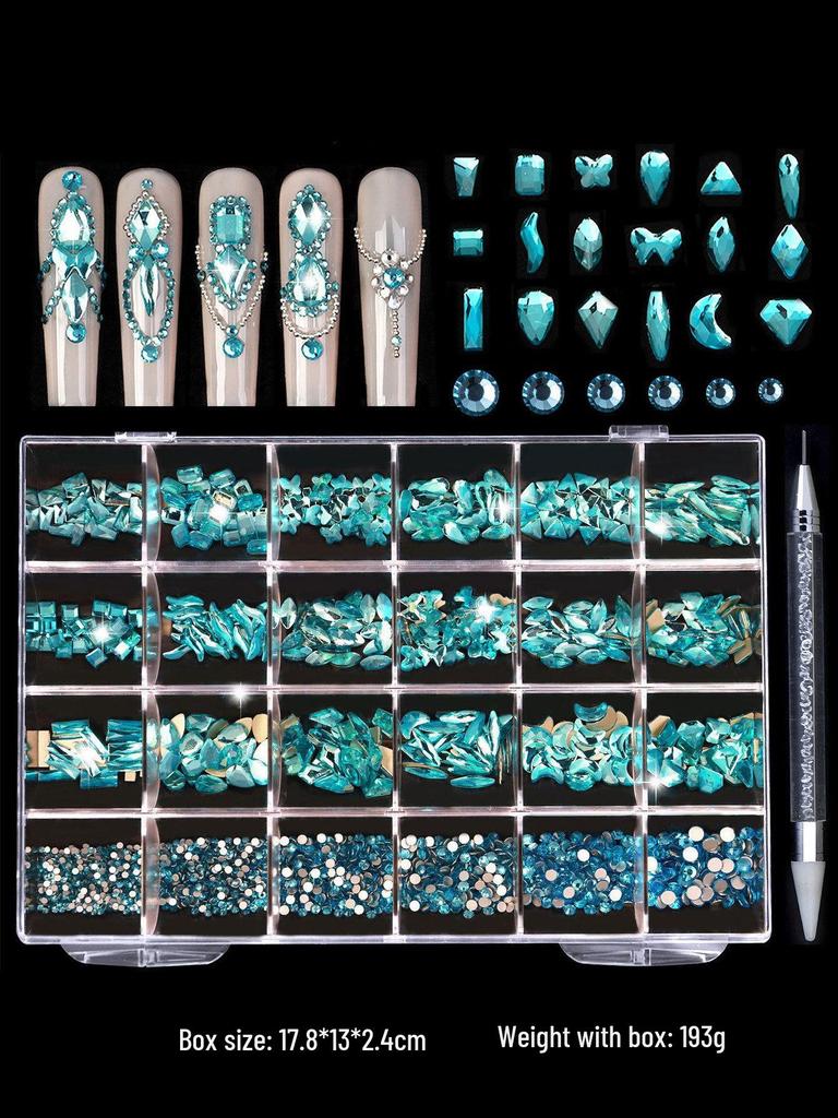 Iridescent Nail Art Rhinestone Set: 24 Grids of Mixed Super Sparkle Flat-Back Rhinestones in Special Shapes with Box Packaging.