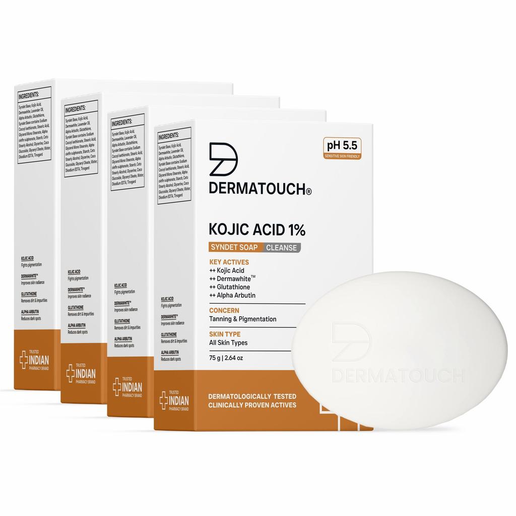 DERMATOUCH Kojic Acid 1% Soap with Glutathione & Alpha Arbutin |For Tan, Brightening, Dark Spots & Pigmentation | pH 5.5 Balanced Syndet Bar | Derm