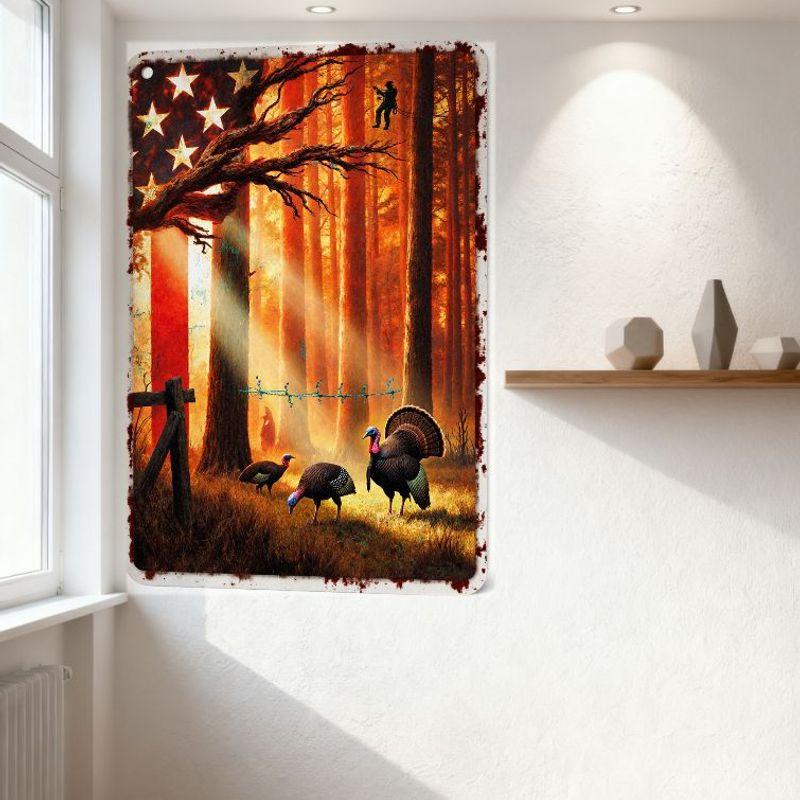 Vintage Forest Turkeys & Hanging Silhouette Metal Tin Sign, American Flag Tree Branch, Barbed Wire Weathered Cross Art for Home
