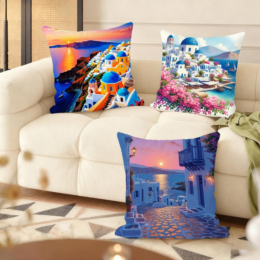 Santorini Landscape Cushion Cover Soft Short Plush Pillow Cover Smooth Cozy Texture Aesthetic Cushion Case Home Decor