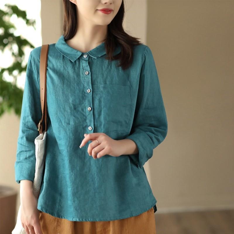 

Johnature Женщины Льняные винтажные рубашки Топы Отложный цвет Весенние блузки Однотонные рубашки с длинным рукавом в стиле пэчворк