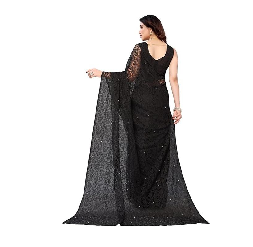 TreegoArt Fashion Women's Party Wear Floral Design Indian Saree Pearls Net Saree With Unstitched Blouse Piece