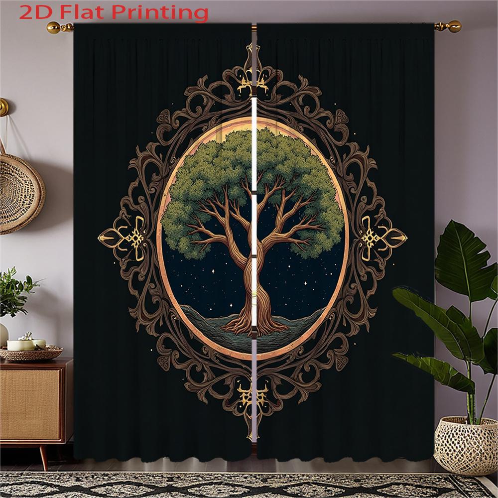 

2D Flat - 2pcs 2D Flat Printing Curtains | Dark Background Tree in Circle Ornate Frame Fantasy Style Home Decor Flannel Curtain 100*130 Grommet Top 1pcs