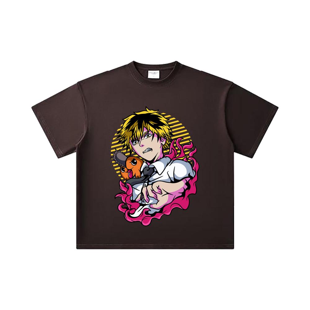 260 GSM Double Yarn 32 Count 100% Cotton Chainsaw Man V4 Denji Pochita Print Unisex Heavy Cotton T Shirt