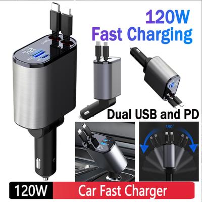 120W Dual USB Car Fast Charger Retractable Universal 4 In 1 Digital Display PD Type C QC USB Car Power Adapter Cigarette Charge