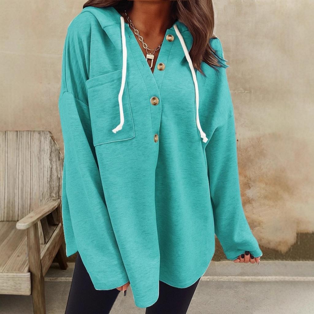 Damen Casual V-Ausschnitt Kapuzenpullover mit Taschen, Pullover, Lockere Passform, Einfarbig, Langärmige Oberbekleidung