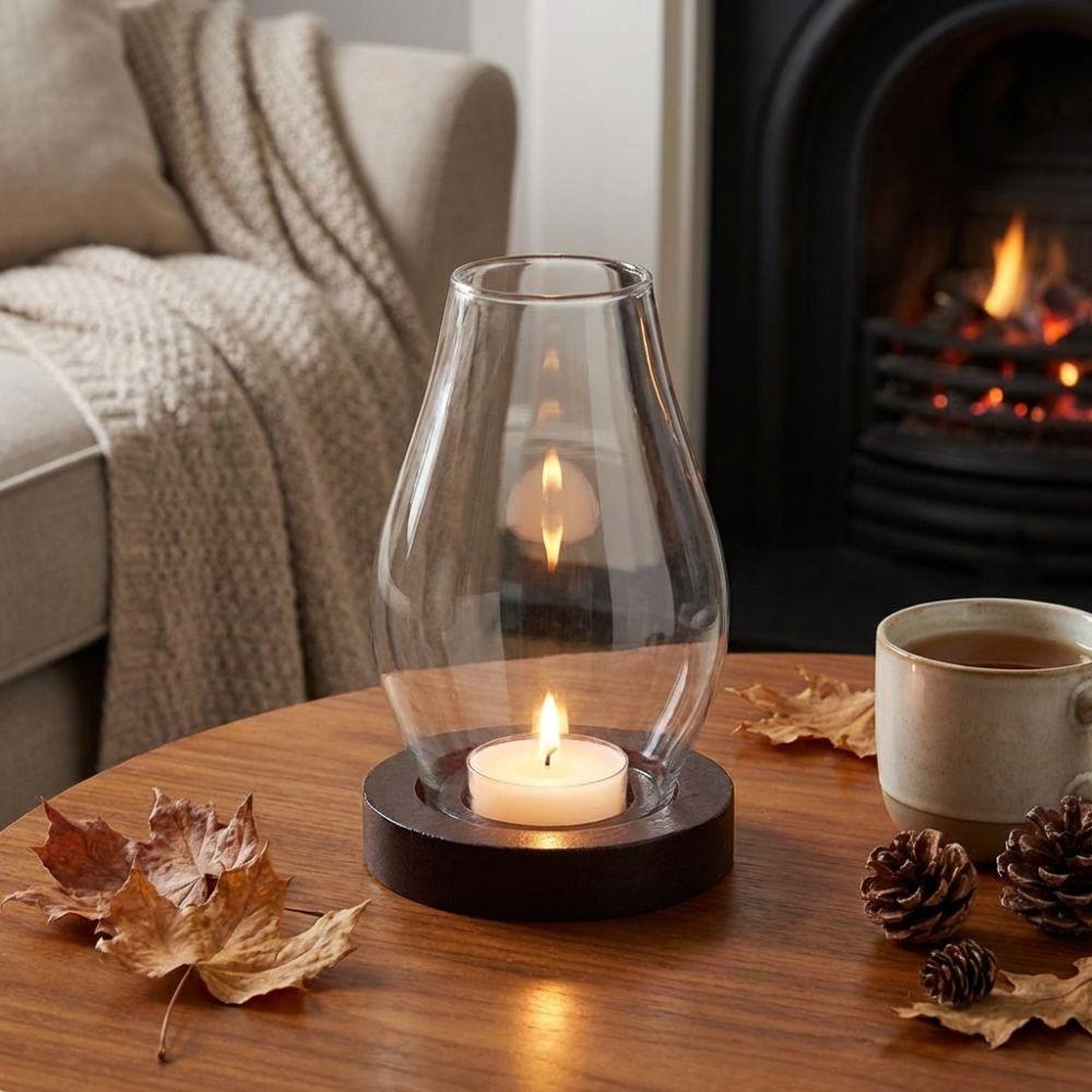 Solid Wood Base Glass Candle Holder Transparent Incenses Stove Lamp  Coffee Dining Room