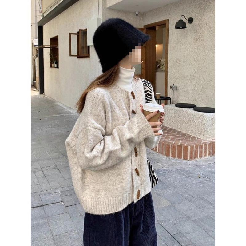 Vintage Soft Round Neck Sweater Knitted Cardigan Jacket Women Spring Autumn