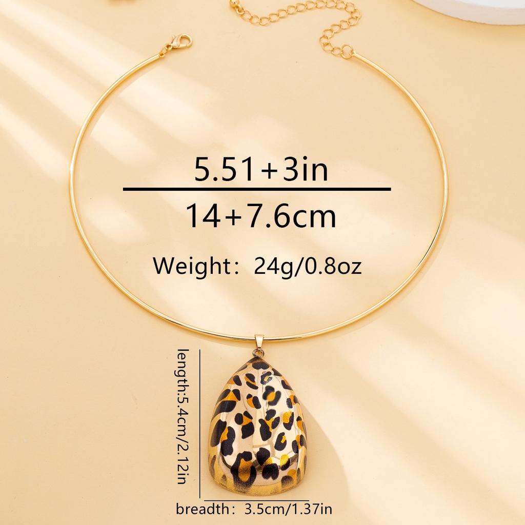Women's Jewelry Set, Geometric Water Drop-Shaped Pendant, Leopard Print Fashion Necklace and Stud Earrings Jewelry Set, Suitable for Daily Wear an