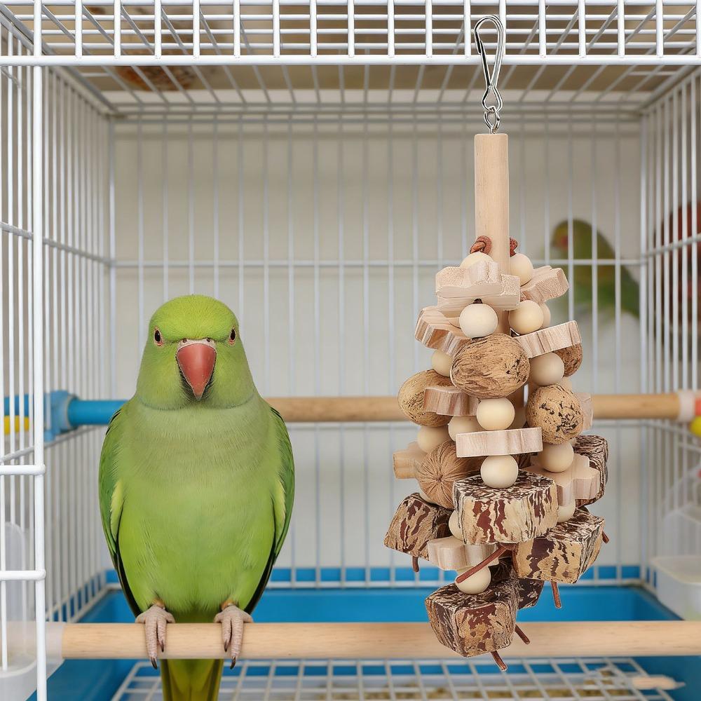 Beech Wood Wooden Chewing Toy Hanging Nut Grinding Texture Bird Foraging Toy Interactive Play Beak Grinding Bird Cage Accessory