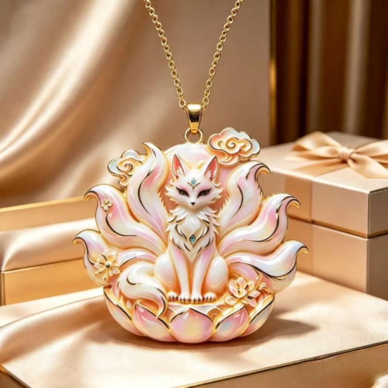 Nine Tailed Fox Enamel Pendant Necklace Unique Chinese Mythology Design 1PC Anti-rust Jewelry for Women Daily Collocation