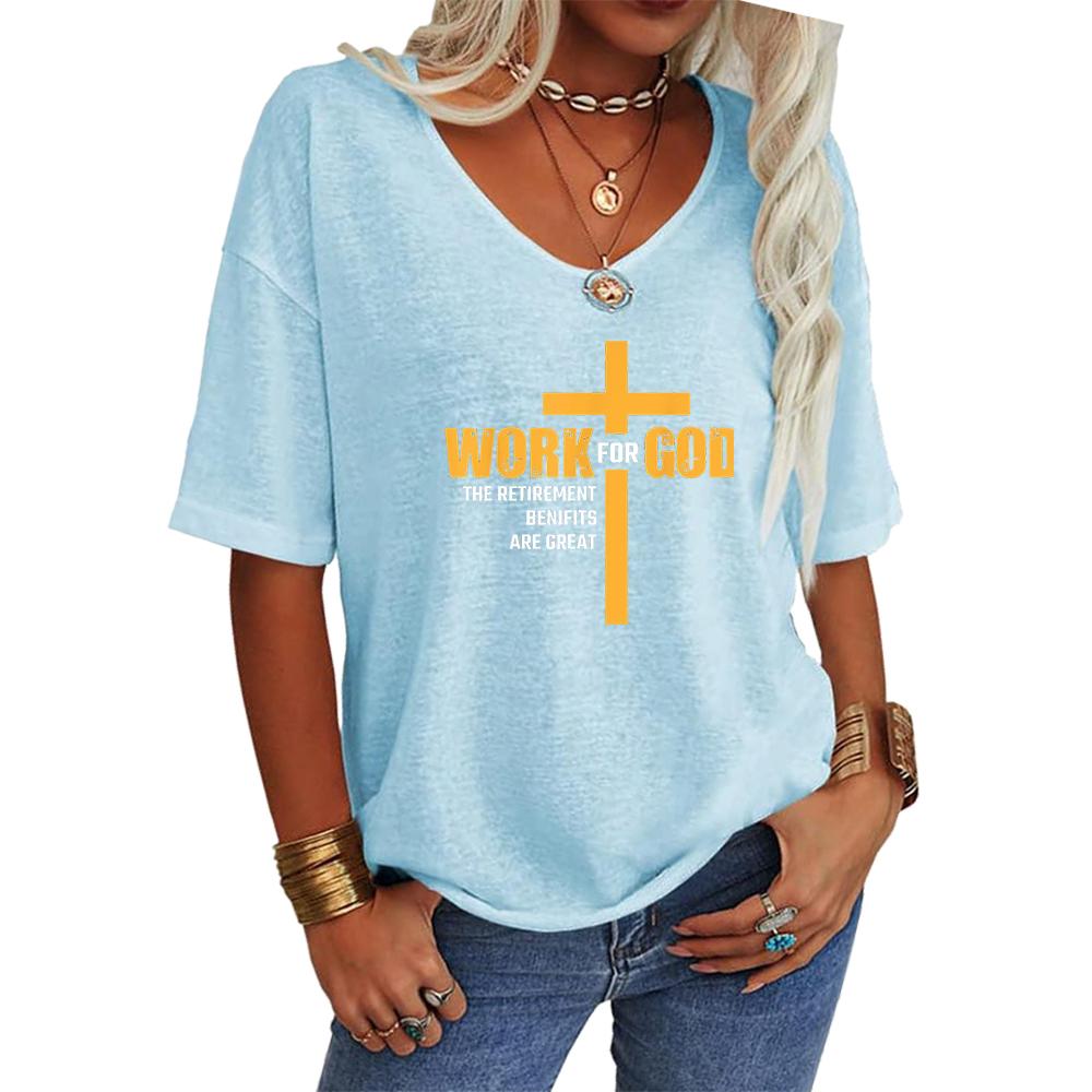 Women Fashion V Neck Tee Shirt Summer Casual Short Sleeve Top Loose Letter Print T-shirt