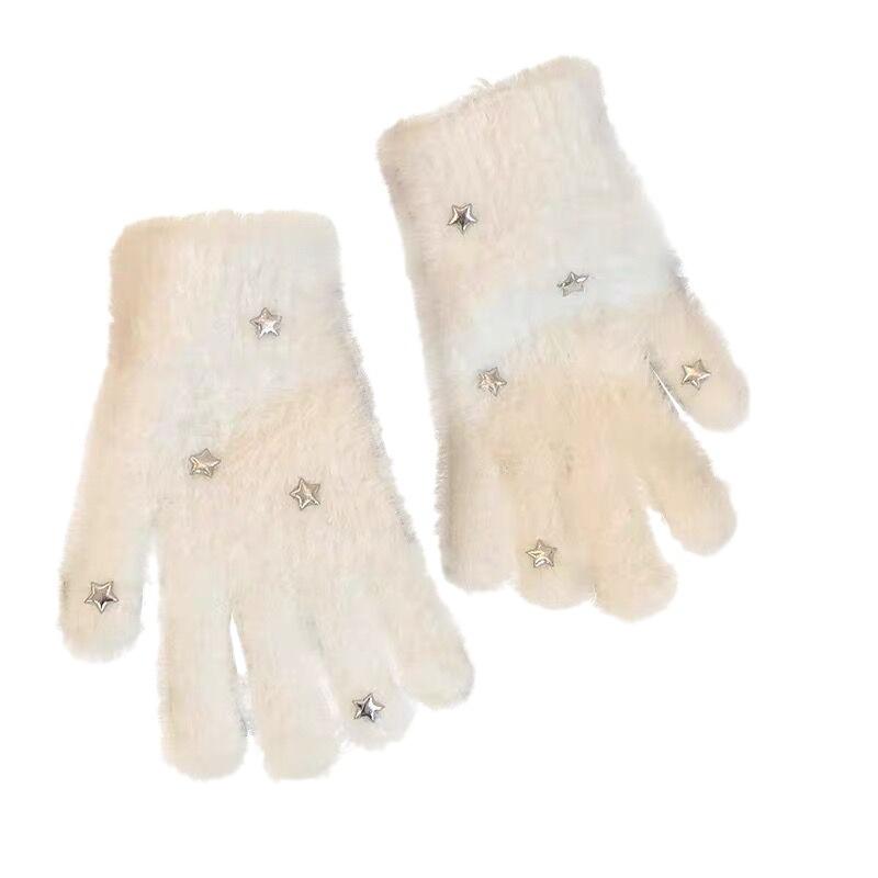 Cute Star Plush Gloves for Women Winter Sweet Girl Cold Proof and Warm Five Finger Wool Student Cycling White Gloves