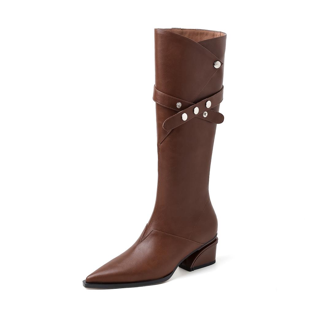 Brown Fashionable and Elegant Temperament Tall Boots 2025 Autumn and Winter New Pointed Thick Heel Belt Buckle Thin Knight Boots