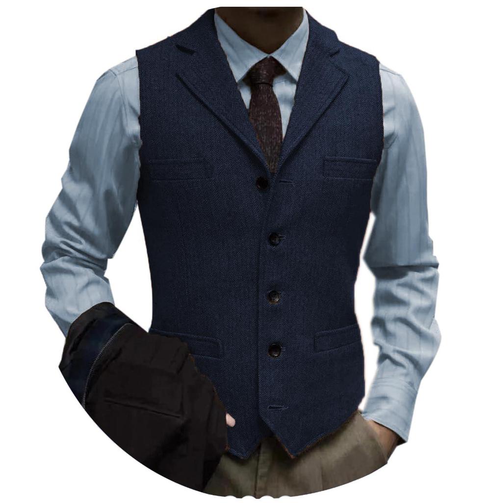 Herren Slim Fit Fischgrät Einreiher Freizeitweste
