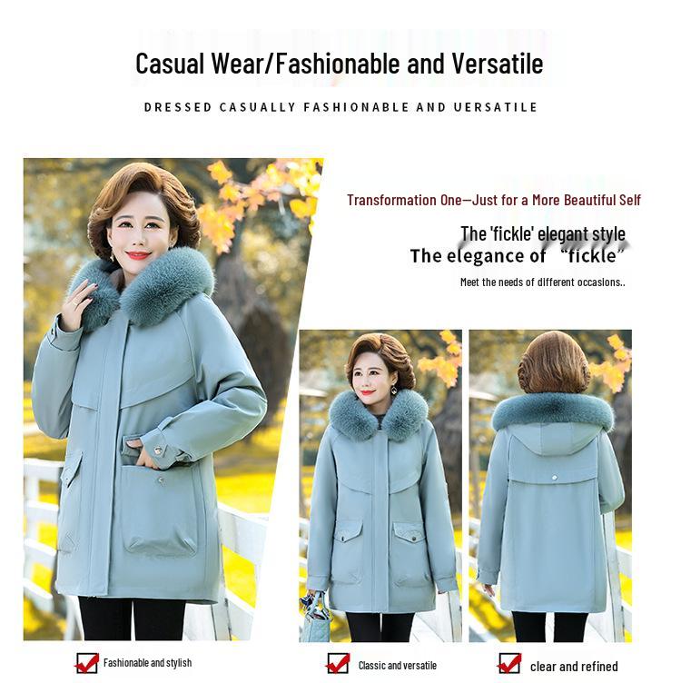 2025 Winter Women's Plus Velvet Fur Collar Parka - Warm Cotton Casual Jacket for Mothers