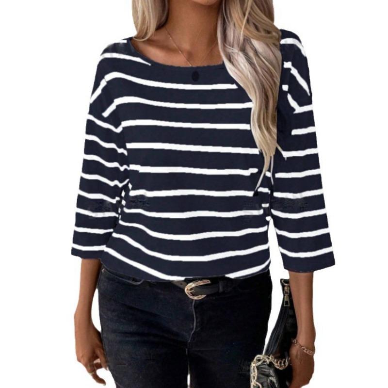 

Women s Summer Mid Sleeve Round Neck Striped T-shirt Loose Top Shirt XXL Темно-синій