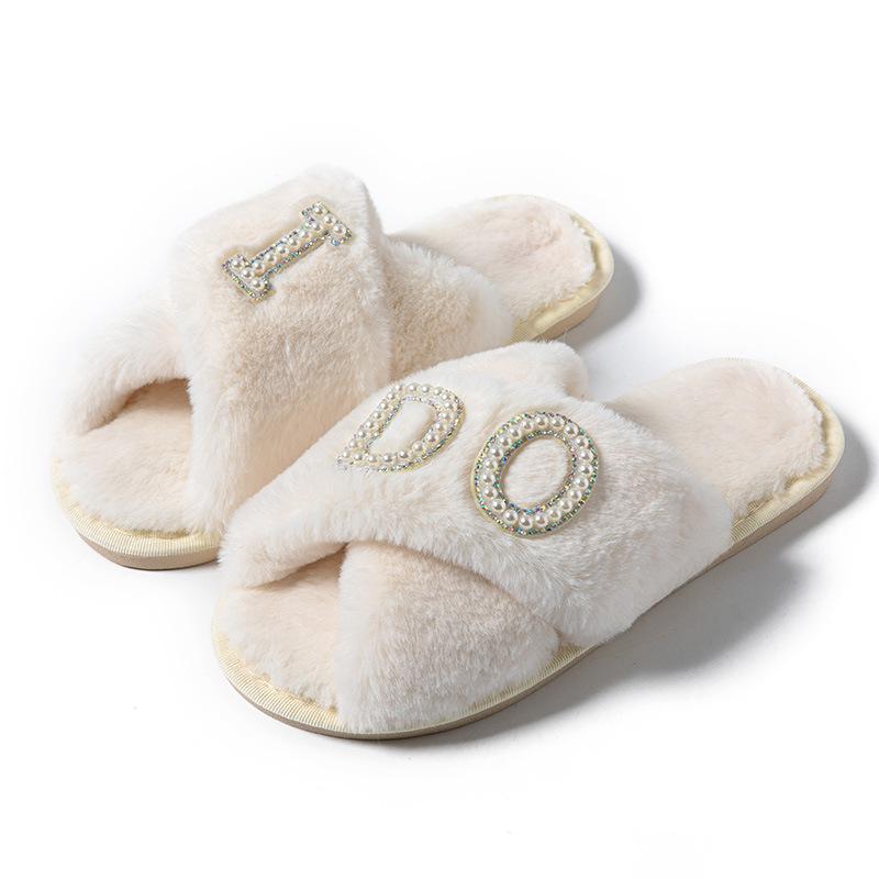 IDO Women's Furry Pearl Wedding Bachelorette Plush Slippers