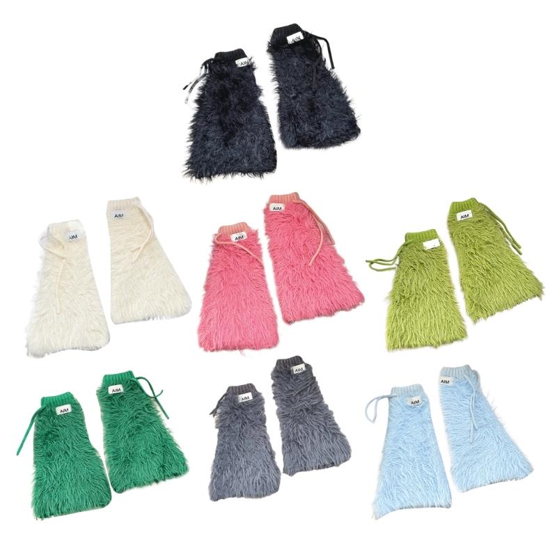 Womens Y2K Girls Winter Furry Leg Warmer wtih Drawstring Harajuku Letter Label Furry Plush Flared Boot Cover Long Socks