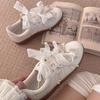 Scarpe da Ginnastica Casual con Pizzo Retrò e Suola Spessa, Nodo a Farfalla con Perle, Versione in Pelle di Mucca da Donna, Scarpe Dequn, Suola in Gomma, Scarpe da Skateboard
