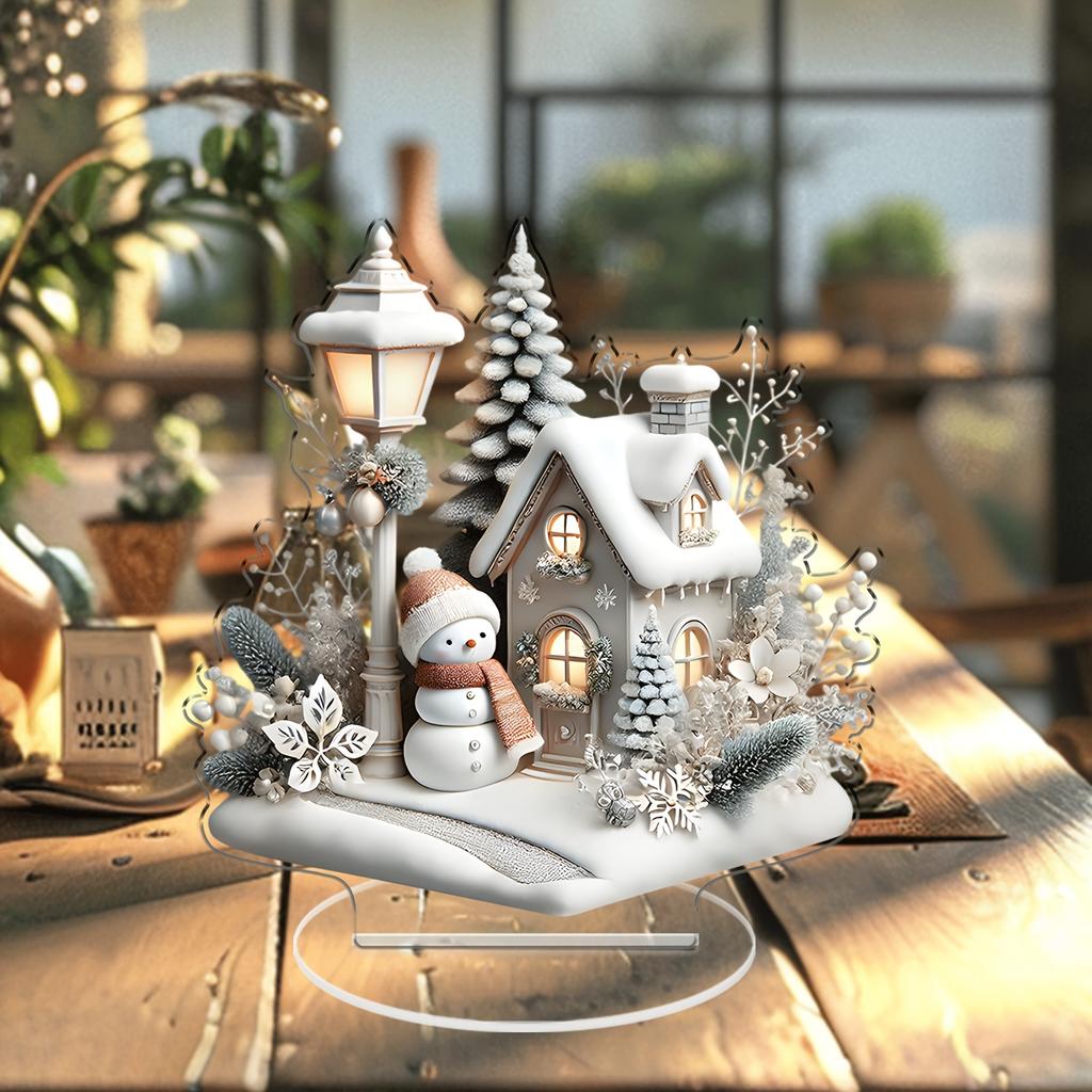 2D White Snow Scenery Christmas House Tree Acrylic Ornaments Base-Mounted Tabletop Home Office Attractive Festival Decor Gifts