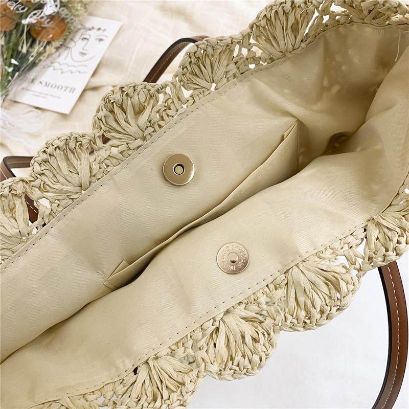 Handgewebte Strohtasche für Damen Sommer-Strandtasche mit Ledergriffen und Muschelmuster-Design