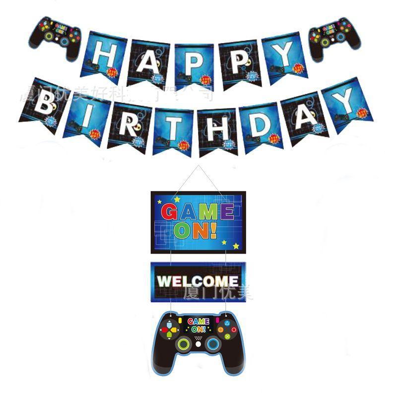 GAME ON Blue Gaming-Themed Birthday Party Decorations: Game Controller Banner and Aluminum Foil Balloon Set