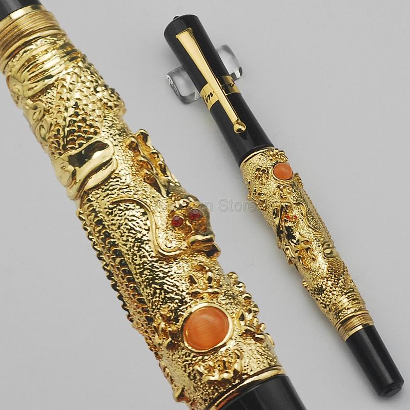Jinhao Летающий Дракон Старинная Перьевая Ручка, Металлический Рельеф Иридиевое Тонкое Перо Благородный Золотой Цвет Деловая Для Офиса и Школы