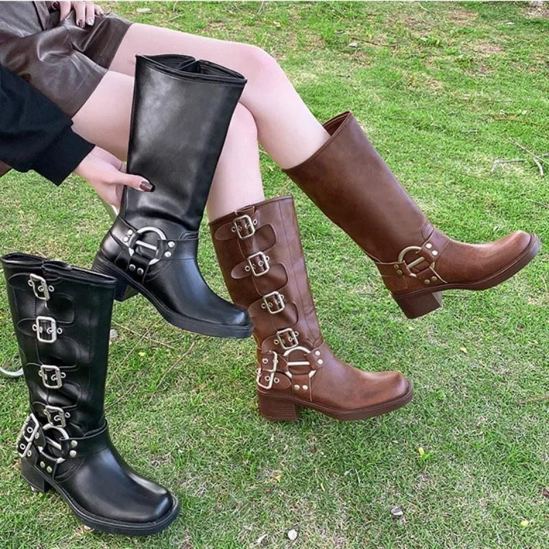 Fashion Women's High Platform Boots Metal Buckle Thick Heel Motorcycle Boots Vintage Soft Leather Punk Boot Brown Leather Knight Boot