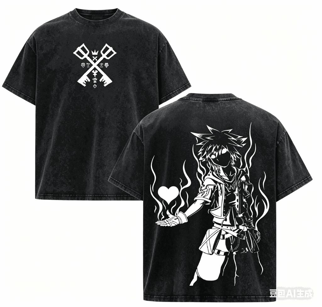 Kingdom Hearts Washed T-shirt Year Round Clothing High Quality Personality Clothes Plus Size Unisex New Model Washed Vintage Loose