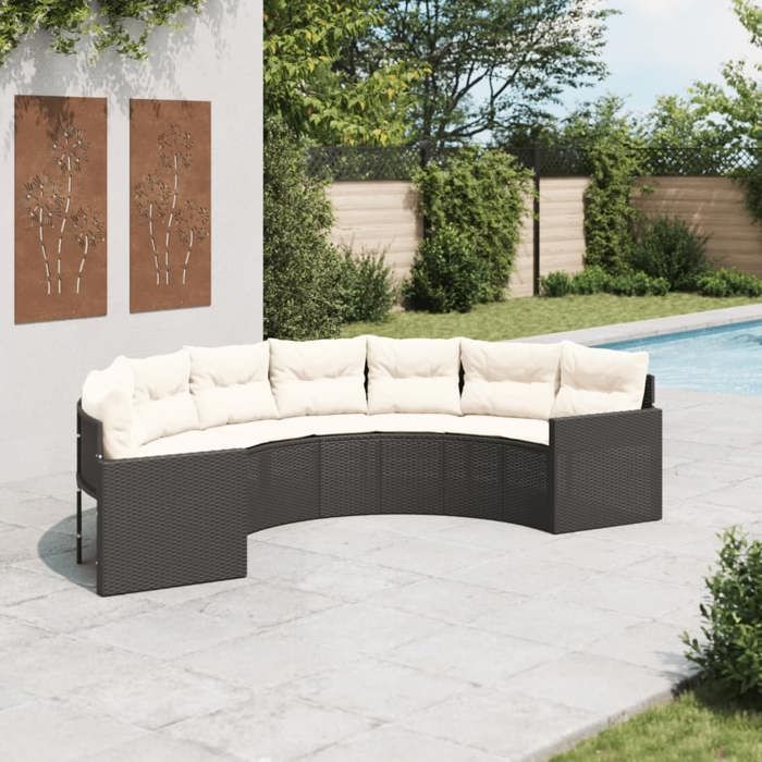 VidaXL Canapé de jardin avec coussins demi-rond noir résine tressée, canapé d’extérieur, canapé de forme demi-ronde, canapé 3318513